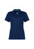 A women's short sleeve polo shirt in navy blue with light blue accents and a logo on the chest.