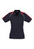 A women's short sleeve polo shirt featuring a navy body with red shoulders and white detailing, including a logo.