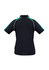 A women's short sleeve polo shirt in black with green accents and a logo on the back.
