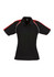 A black polo shirt with red accents and a logo on the chest. Short sleeves and a classic collar design.