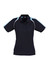 A women's short sleeve polo shirt in navy blue with light blue accents and a collar. Features a logo.
