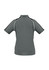 A women's short sleeve polo shirt in grey with contrasting black trim and a logo.