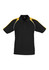 A black polo shirt with yellow accents on the shoulders and a collar, featuring a logo.