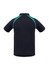 A men's short sleeve polo shirt in black with green accents and a logo.