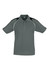 A grey men's polo shirt with black accents on the shoulders and a three-button placket. It features a logo on the chest.