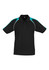 A black short sleeve polo shirt with teal accents and a logo on the chest.