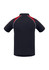 A navy men's polo shirt with red accents and a logo, featuring short sleeves and a classic collar.