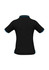 A black polo shirt with short sleeves and contrasting blue trim, featuring a logo.
