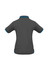 A charcoal women's polo shirt with short sleeves and contrasting blue trim. It features a logo on the side.