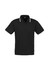A black short sleeve polo shirt with white stripes on the collar and sleeves, featuring a logo.