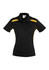 A women's short sleeve polo shirt in black with yellow accents and a logo on the chest.
