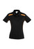 A women's short sleeve polo shirt in black with orange accents and a logo on the front.
