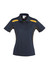 A women's short sleeve polo shirt in navy blue with yellow accents and a branded logo.