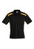 A black short sleeve polo shirt featuring yellow accents and a logo on the chest.