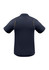 A navy short sleeve polo shirt with a logo, featuring a sleek design and contrasting yellow detailing.