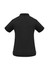 A black women's short sleeve polo shirt with a classic collar and side slits. Features a logo on the back.