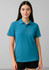 A short sleeve polo in teal colour featuring a collar and three buttons, worn by a model with long hair.