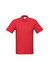 A red short sleeve polo shirt featuring a collar and a logo on the chest.