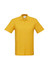 A yellow short sleeve polo shirt featuring a collar and three-button placket, with a logo on the chest.