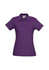 A purple ladies' polo shirt with a collared neck and button placket, featuring a logo on the chest.