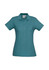 A teal polo shirt for ladies with a collar and button placket, featuring a logo on the label.