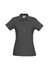 A grey ladies’ polo shirt featuring a classic collar, short sleeves, and a front button placket. Has a logo on the label.