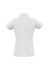 A white ladies polo shirt with a collar and short sleeves, featuring a logo on the back.