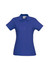 A blue ladies' polo shirt with a collared neckline and short sleeves, featuring a logo.