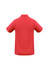 A red polo shirt with short sleeves and a collar, featuring a branding logo on the back.