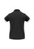 A black women's polo shirt with white accents on the sleeves and a small branding logo.