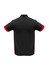 A black polo shirt with red sleeves, featuring a collar and a logo on the back.