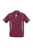 A maroon short sleeve polo shirt featuring white accents and a logo on the collar.