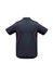 A dark grey polo shirt with short sleeves and red accent details, featuring a logo.