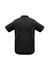 A black short sleeve polo shirt with yellow accents and a logo on the back.