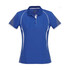 A blue women's short sleeve polo shirt with white accents and a logo on the chest.