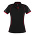 A black women's short sleeve polo shirt with red accents and a logo. Features a classic collar design.