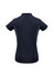 A navy women's short sleeve polo shirt with light blue accents and a logo on the back.