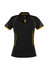 A women's short sleeve polo in black with yellow accents and a logo on the chest. Suitable for casual wear.