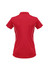 A red women's short sleeve polo shirt featuring white detailing and a logo. The back view highlights the cut and style.
