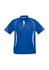 A blue short sleeve polo shirt featuring white accents and a logo. Suitable for kids.