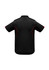 A black polo shirt with short sleeves, featuring red detailing and a logo.