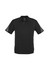 A black short sleeve polo shirt with mesh detailing on the shoulders and a logo.