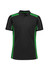A black and green unisex short sleeve polo shirt with contrasting side panels and a logo on the chest.