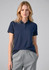 A navy blue women's short sleeve polo shirt with a logo, paired with grey athletic pants.