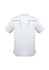 A short sleeve polo shirt in white featuring a logo and back detailing.