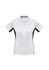 A women's short sleeve polo in white with black accents and a logo. Designed for a stylish and sporty look.