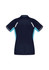 A navy blue women's polo shirt featuring light blue side panels and a logo on the back.