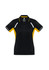 A black and yellow women's polo shirt with short sleeves and a logo on the chest.