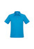 A blue short sleeve polo shirt with three buttons and a subtle texture, featuring a logo.