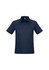 A navy blue men's short sleeve polo shirt featuring a collar and button placket, with a logo present.